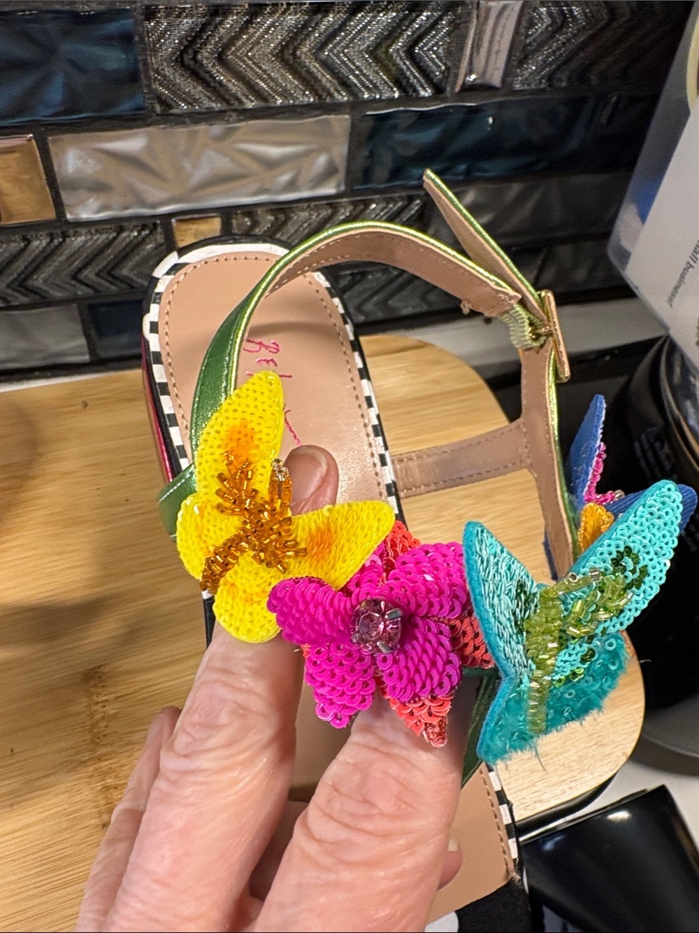Betsey Johnson Multicolor Floral & Butterfly Polka Dot T-Strap Sandals - Picture 6 of 7